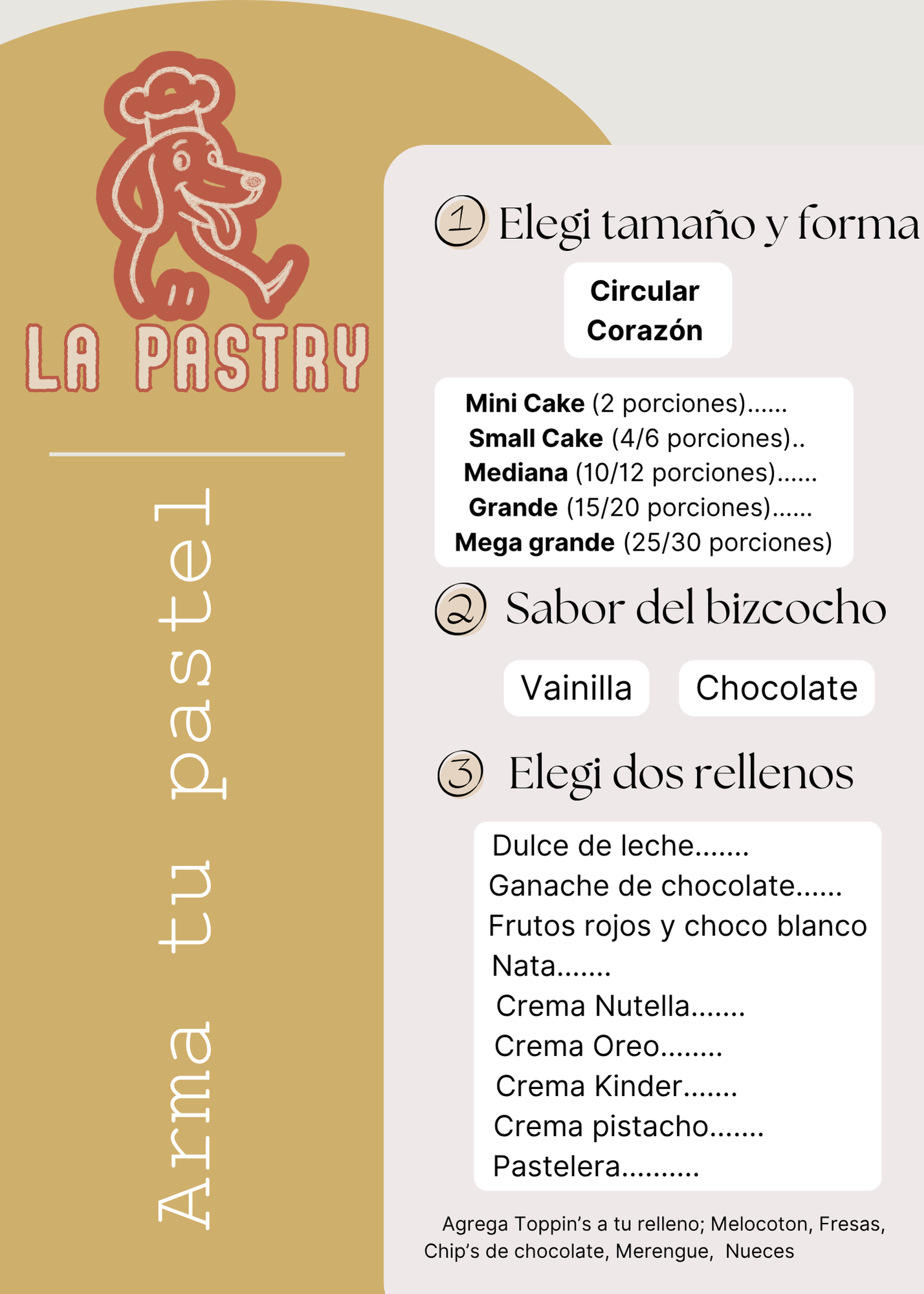 Arma tu pastel La Pastry — tamaño, bizcocho y rellenos