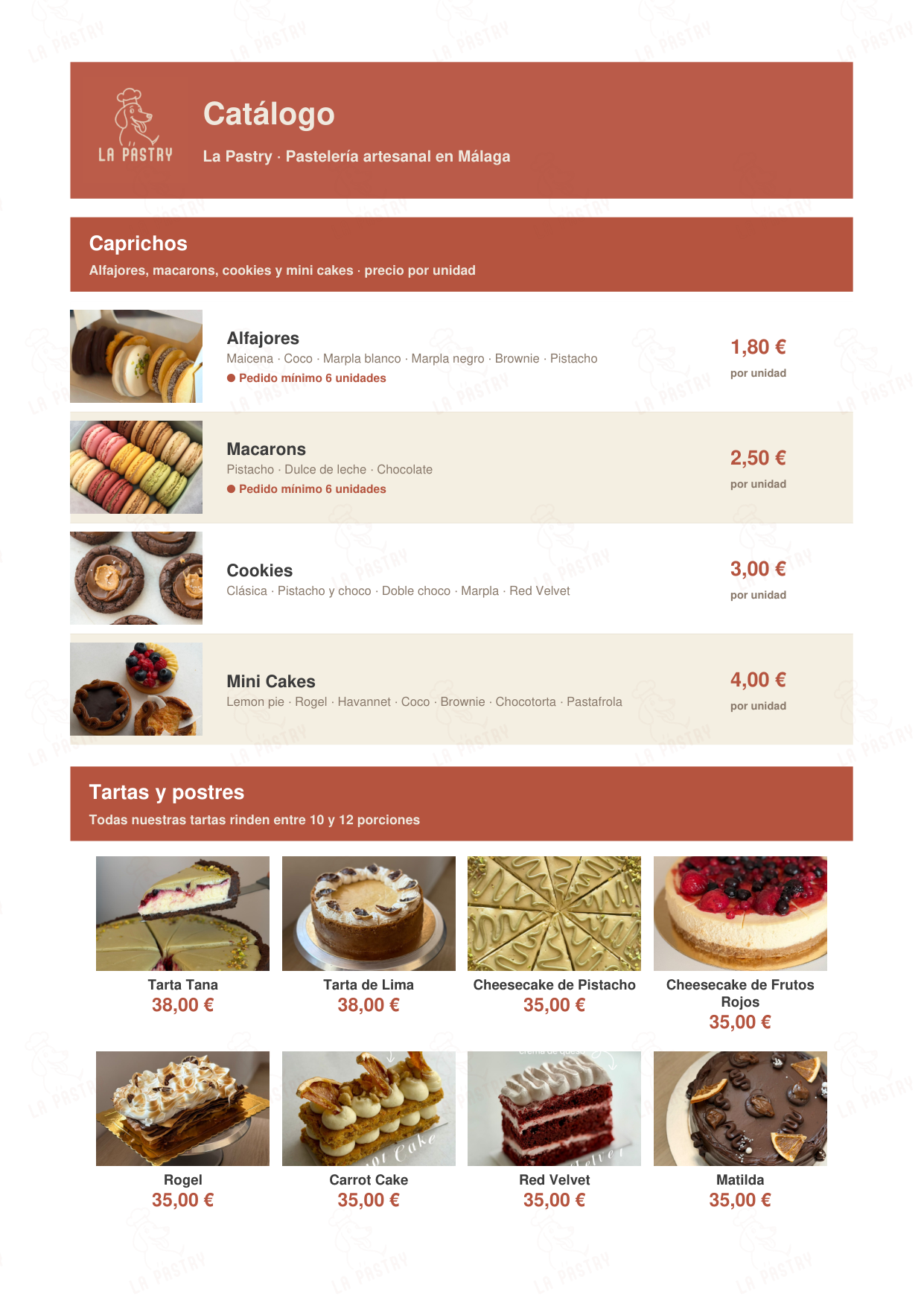 Carta de La Pastry, página 1: caprichos y tartas con sus precios
