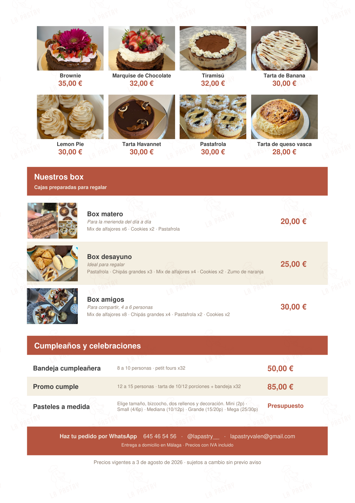 Carta de La Pastry, página 2: tartas, box y cumpleaños con sus precios
